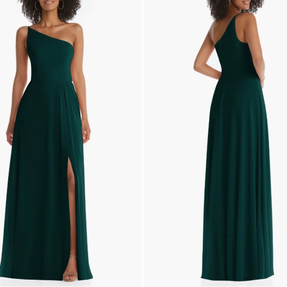 After Six One Shoulder Chiffon Gown in Elegant Evergreen Color